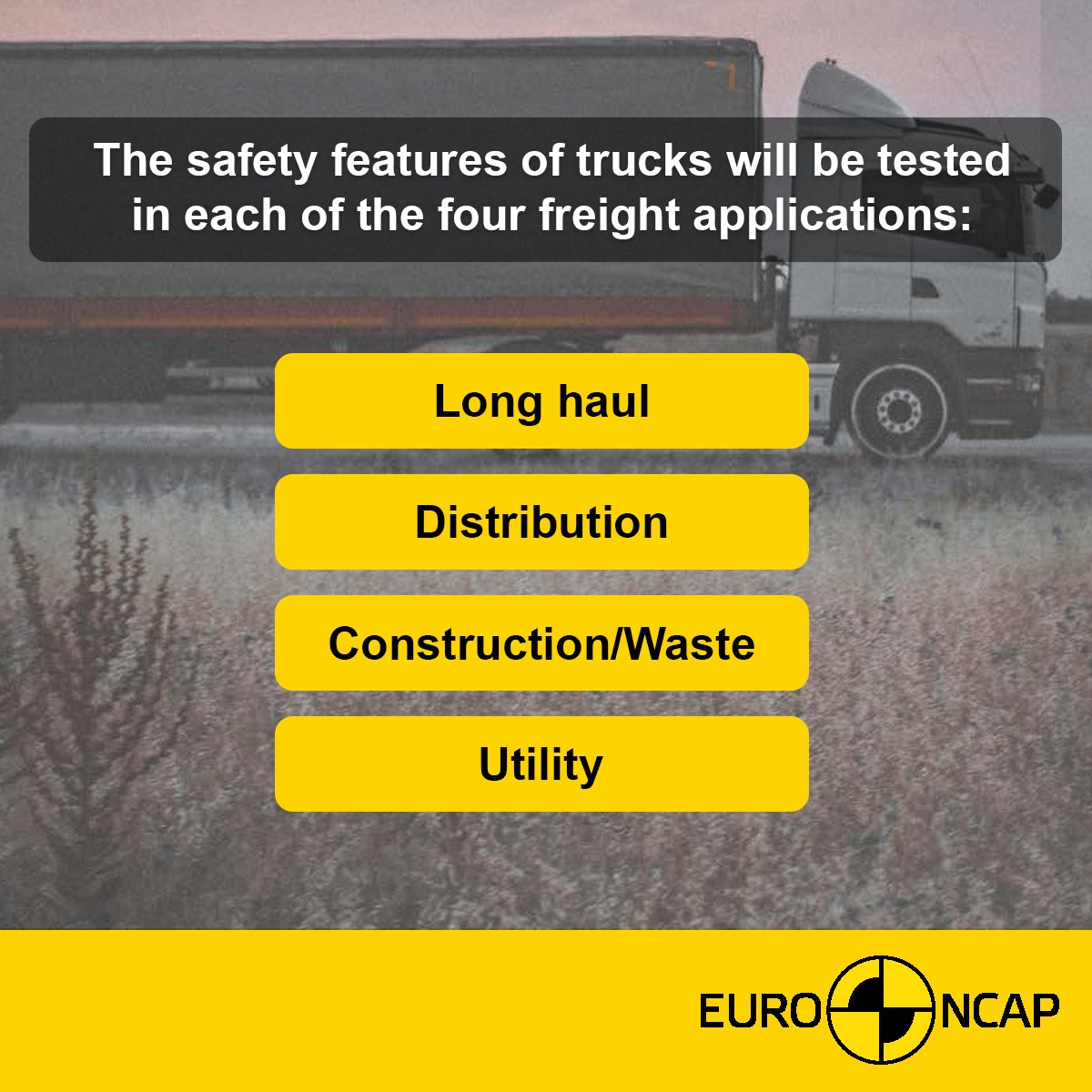🚚 How will the planned truck safety rating apply? 🚚

Euro NCAP plans to test every safety feature listed in the roadmap for at least one high-sales volume variant from each manufacturer in the four freight applications. 

bit.ly/2304TR

#forsafertrucks