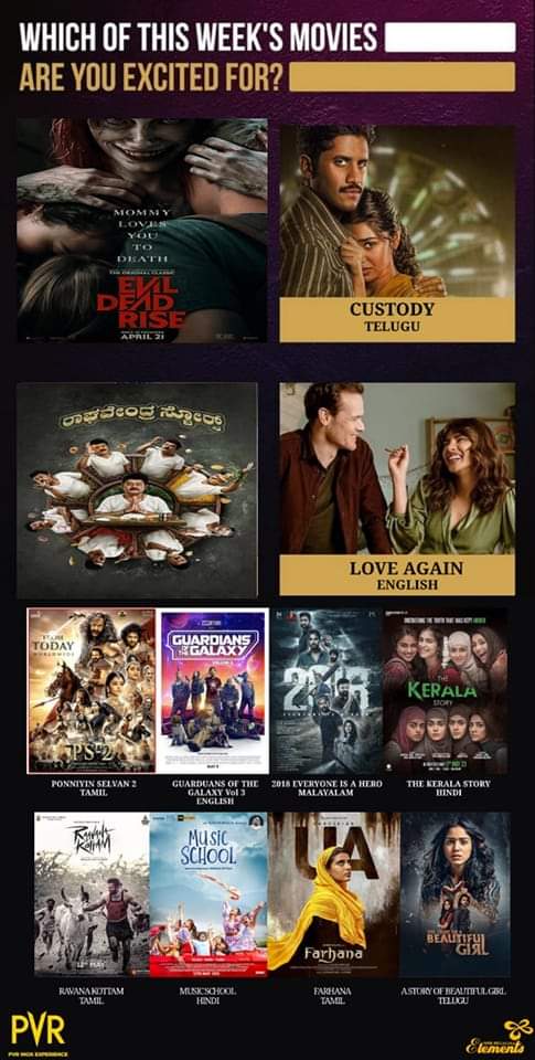 ElementsMall's tweet photo. Get hooked on the latest entertainment with these new releases at #PVR @elementsmall this week!
.
.
.
#IB71 #Custody #ToLeslie #LoveAgain #AWinterTaleAtShimla #AsterixAndObelixTheMiddleKingdom #Chatrapathi #PriyankaChopra #NagaChaitanya #ElementsMall #Nagavara #bangalore https://t.co/8mwdiSmRXN