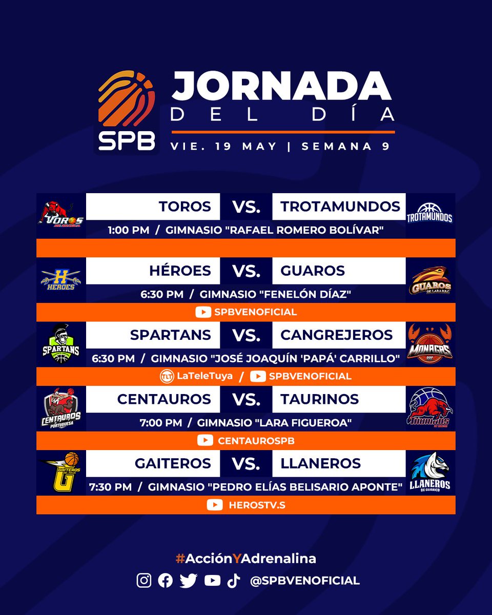 😎 Viernes de SPB:

- <a href="/CangrejerosBBC/">Cangrejeros de Monagas BBC</a> se juega la vida en Parque Miranda.

- <a href="/GuarosOficial/">Guaros de Lara</a> y <a href="/trotamundosbbc1/">TROTAMUNDOS BBC</a> siguen en búsqueda del primer lugar de la Conferencia Occidental.

- <a href="/CentauroSLB/">Centauros.SLB</a> , <a href="/GaiterosCA/">Gaiteros del Zulia "Los Comecandela" 🔥</a> y <a href="/Llanerosguarico/">Llaneros de Guárico CD</a> tratarán de mejorar su ubicación.

#AcciónYAdrenalina