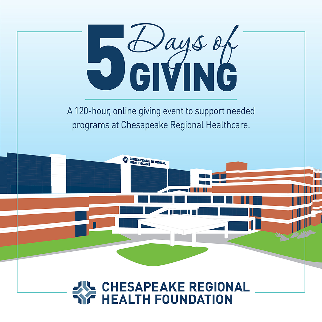 Today is the final day of our 5 Days of Giving! You can help Chesapeake Regional Healthcare provide exceptional, compassionate health care right in your backyard by donating today.

hubs.la/Q01PT-ZF0