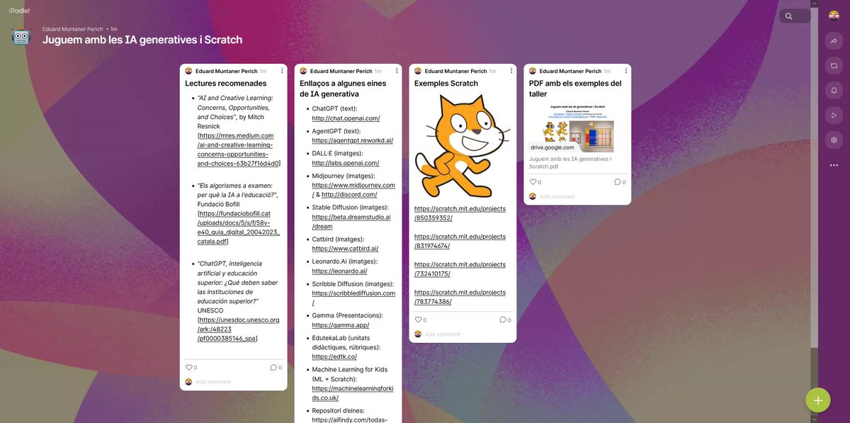 Padlet pel taller "Juguem amb les IA generatives i Scratch" que faré demà a la tarda a la #JPRE23 al <a href="/citilab/">citilab</a>. Hi trobareu el PDF amb exemples que faré servir, enllaços a projectes #Scratch, a eines IA, i a recursos: padlet.com/eduardm1/Scrat…
