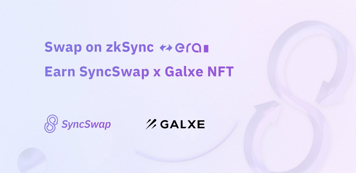 Join the #zkSync Season with SyncSwap and get your special SyncSwap x Galxe NFT! 👀 - Follow @syncswap - Like and retweet - Make a swap on #zkSyncEra with SyncSwap Campaign on @Galxe 👇 galxe.com/SyncSwap/campa…