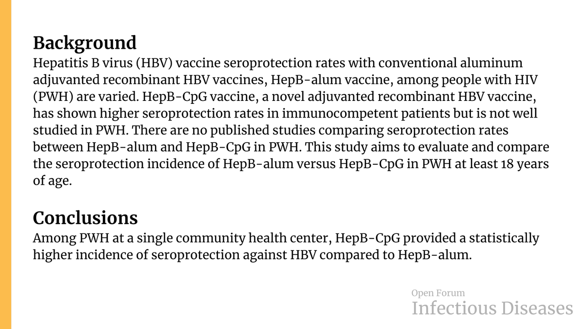 OFIDJournal's tweet photo. Observational Study Evaluating the Seroprotection of HepB-alum Vaccine and HepB-CpG Vaccine in People with HIV

✅ Just Accepted
🔓 Open Access
🔗 https://t.co/9j6O0XuasU https://t.co/WuWimyB04O