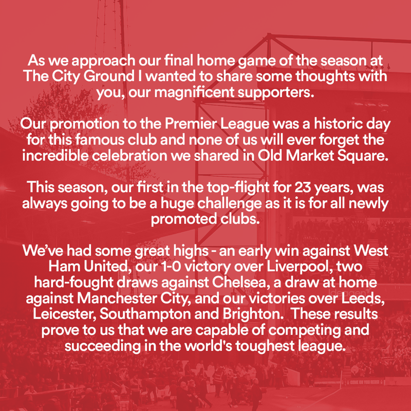 NFFC's tweet photo. A message from our owner, Evangelos Marinakis, ahead of our final home game of the 2022/23 Premier League season.