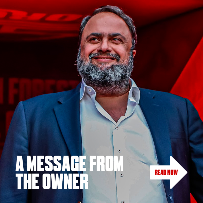NFFC's tweet photo. A message from our owner, Evangelos Marinakis, ahead of our final home game of the 2022/23 Premier League season.