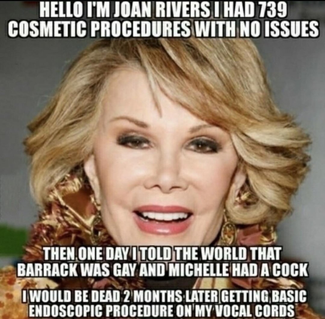 RedPilledSailor's tweet photo. @MichelleObama @HGMedia The #Obamas are taking a page out of #Killarys book and taking anyone out who exposes their demonic and satanic lifestyles. #JoanRivers #MichaelObama https://t.co/q9s4etyApT