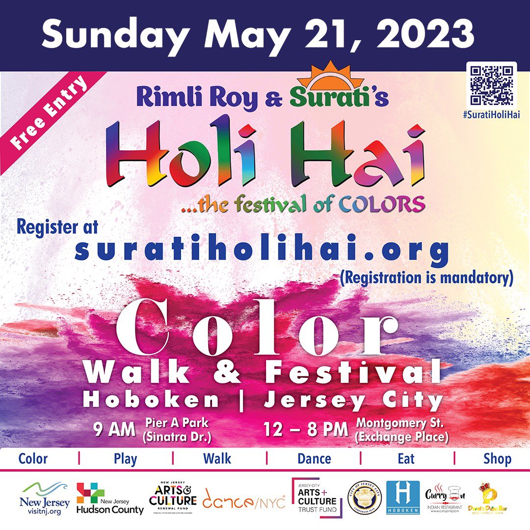 Holi Hai this Sunday‼️ 

Join the vibrant Color Walk starting at Pier A Park in Hoboken at 9 pm! An unforgettable all-day color festival in Jersey City on Montgomery St. between Hudson and Greene St from 12-8 pm! 🎉

🔗 Register now at Suratiholihai.org

#surati #holihai