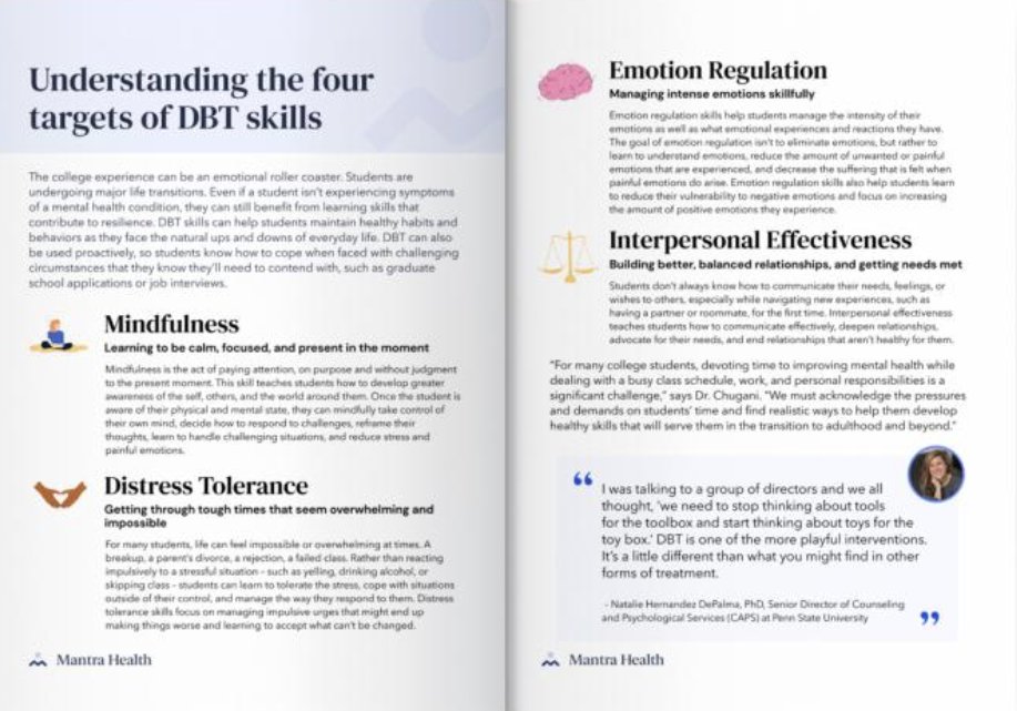 In The Benefits of DBT Skills for College Students, we give an overview of DBT, why it’s such an important evidence-based treatment, and how you can utilize the core skills on campus to support students through the challenging transition to adulthood: mntra.pub/3MxxZyj