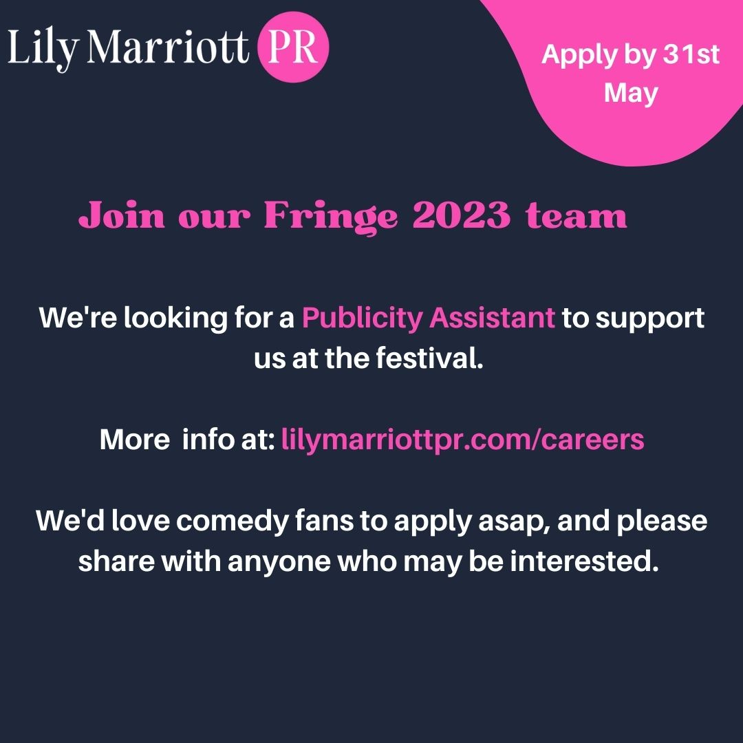 Join our Fringe 2023 team! We're heading back to the #EdinburghFringe and need a Publicity Assistant to join us! Full info available at: lilymarriottpr.com/careers

 #jobs #artsjobs #comedyjobs #theatrejobs #comedy #publicityjobs #fringe #pr #prjobs