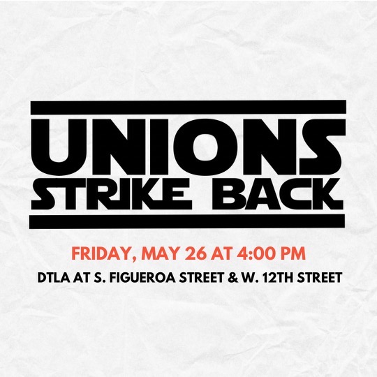Now weeks into our #WGAstrike, Unions throughout LA are gearing up for their own contract fights this year. Join us at the first ever #UnionsStrikeBack rally in DTLA on May 26 at 4pm. RSVP at bit.ly/UnionsStrikeBa… #1u #WGAstrong