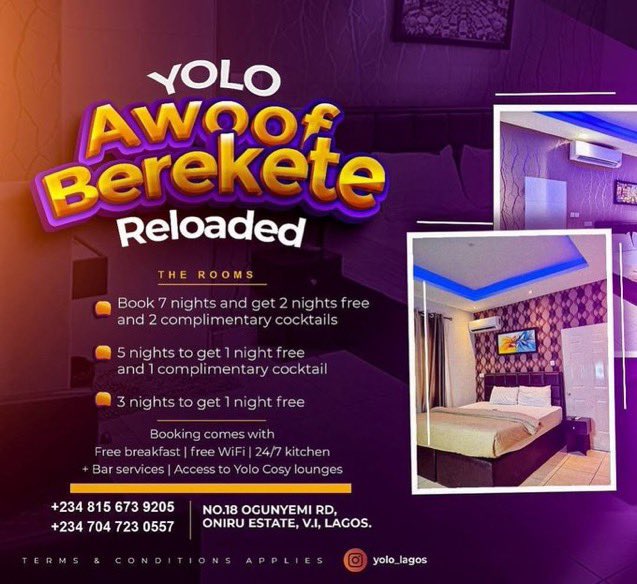_Gabri3llaa's tweet photo. TGIF! Come experience unlimited fun at the Yolo Hotels and Lounge. 

You get to enjoy Happy hour drinks (Mon-Fri), discounts on rooms, free venue for your private parties, silent disco party and more 😊.

For bookings, call
0815 673 9205
0704 723 0557
@yololagos 

#yololagos https://t.co/CpWGspoADG