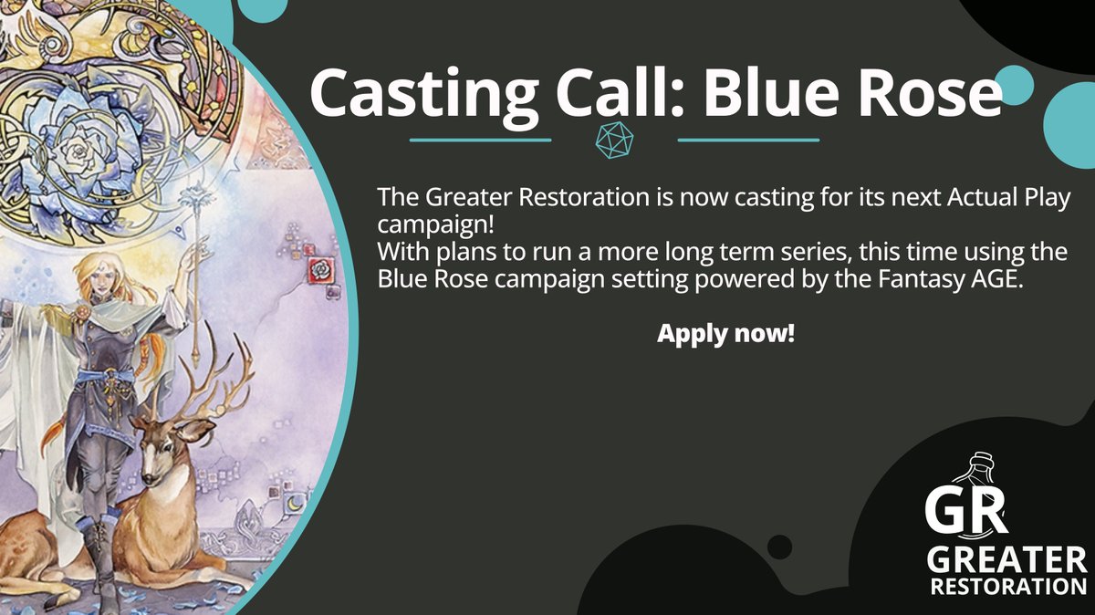 With our current show wrapping up in the next few weeks we are now casting for the next AP. This time around using Blue Rose by <a href="/GreenRoninPub/">Green Ronin Publishing</a>  You can apply through the google form forms.gle/NL24bMZvLSMqew… Spread the word. Don't hesitate to reach out if you have any questions