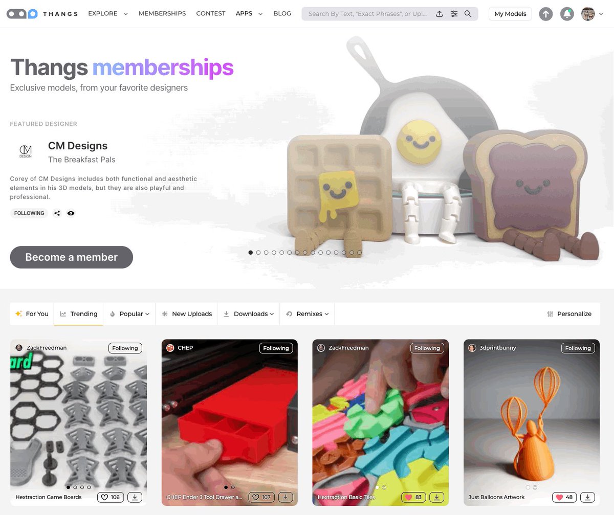 With the alpha release of Thangs Memberships, we're excited to offer something new to the #3D community - a way for #3DPrinting #AR #VR designers to build deep, financially sustainable  connections with their fans.

Designers are already live on Thangs.com

1/3