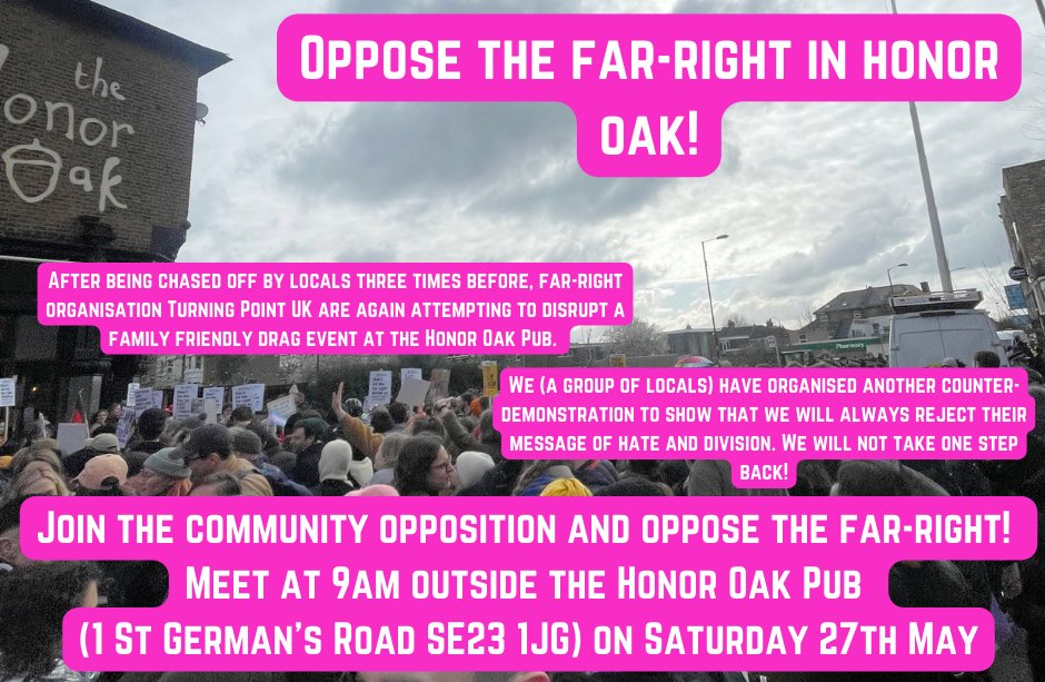 📣📣📣ALERTA ALERTA!📣📣📣

In one weeks time there will be back-to-back antifascist protests in South and Central London!

Honor Oak  on Saturday and Hyde Park on Sunday.

ALL OUT TO RESIST THE FASH AND THE TRANSPHOBES!