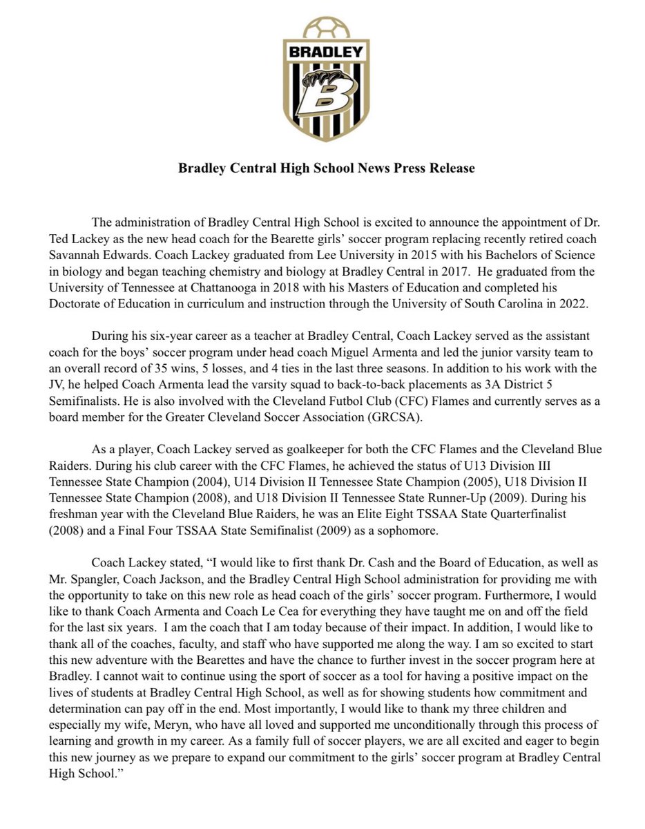 ***New BEARETTE SOCCER COACH Named***