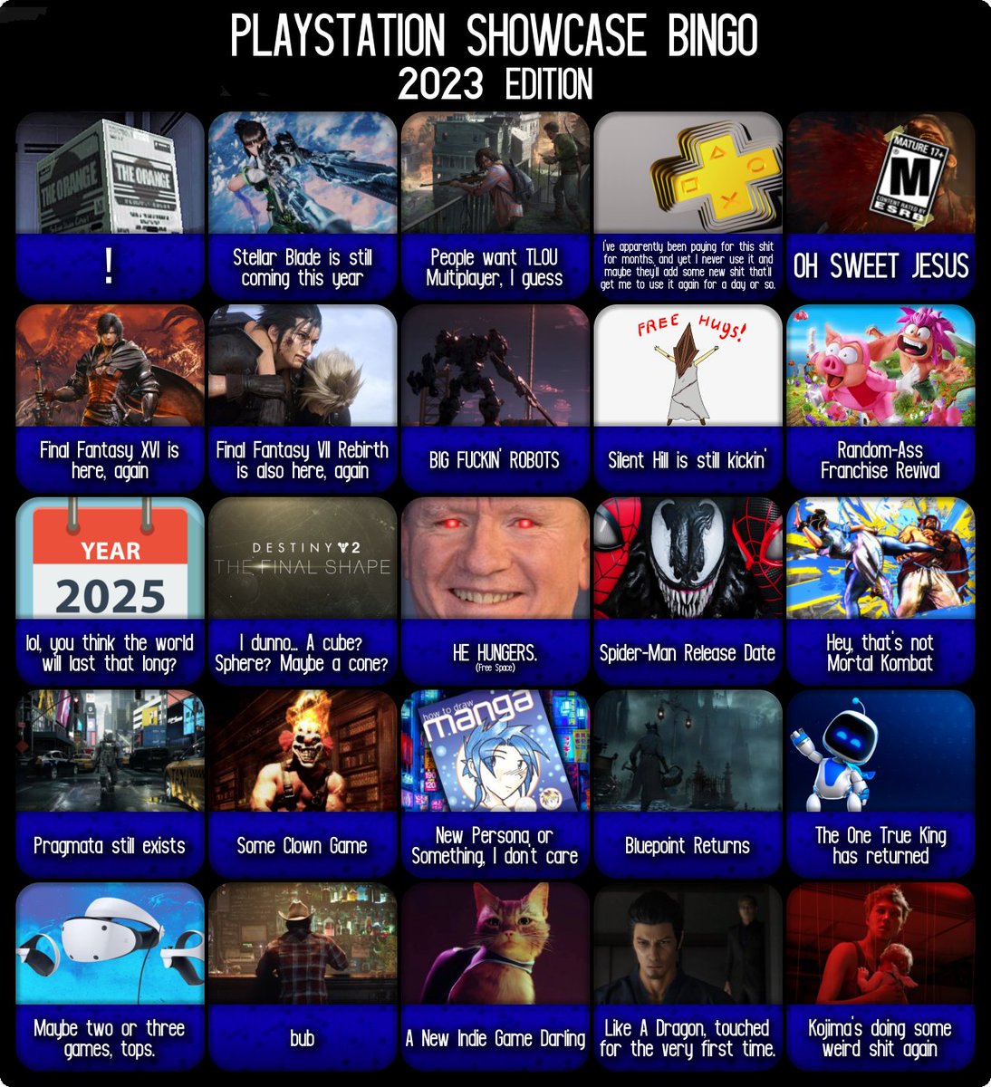 And that's my Playstation Showcase bingo card complete. 

I'm so tempted to move to a 4x4 format. https://t.co/H8U2yLPbXd
