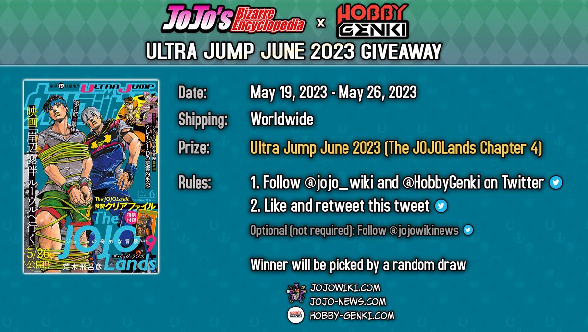 jojo_wiki's tweet photo. We're holding a new giveaway for one copy of Ultra Jump June 2023, which has Chapter 4 of The JOJOLands and CDDH's final chapter.
⭐️Follow @jojo_wiki &amp; @HobbyGenki
⭐️Like and Retweet this tweet
⭐️Ends in 1 week (May 26, 2023)
Good luck! https://t.co/LqELvbdaNN