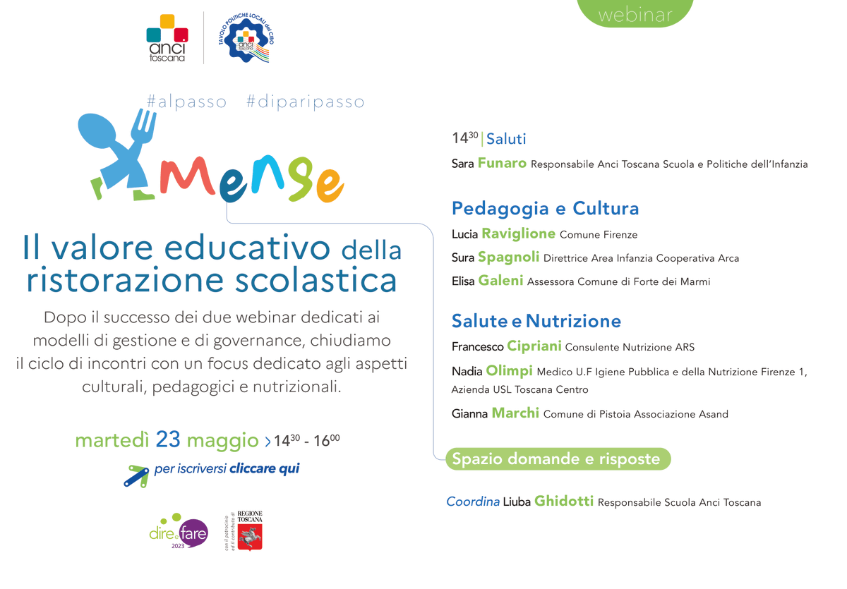 #mense 

Si chiuderà martedì 23 maggio (14.30-16.00) il ciclo di incontri sulla ristorazione scolastica con un #webinar dedicato agli aspetti culturali, pedagogici e nutrizionali

➡️ Per iscriversi eventbrite.it/e/biglietti-me…