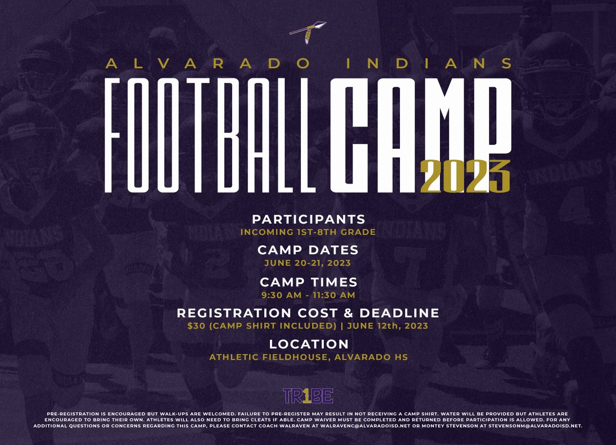 🏹🟣CAMP SZN🟣🏹

🚨 Indian FB Camp
📅 June 20-21
🕧 9:30 AM - 11:30 AM
📍 Alvarado HS Athletic Fieldhouse

Camp is almost here! We look forward to coaching and spending time with our future Indians.

Pre-Registration Link
forms.gle/6TqZmHU47x5XMS…

#AlvaradoExcellence #TR1BE #LFO