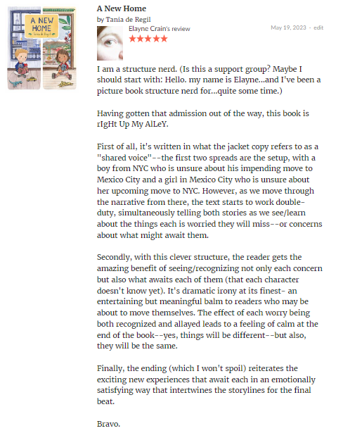 Elayne "Funny Feelings" Crain (@elaynecrain) on Twitter photo Today's #ChewyReviewy is "A New Home" by <a href="/TaniadeRegil/">Tania de Regil</a>.
A super clever structure that enhances the reading experience *and* story meaning.
Online review on Amazon & Goodreads!
#kidlit #bookrecs #pb #heart
goodreads.com/book/show/3549… Today's #ChewyReviewy is "A New Home" by <a href="/TaniadeRegil/">Tania de Regil</a>.
A super clever structure that enhances the reading experience *and* story meaning.
Online review on Amazon & Goodreads!
#kidlit #bookrecs #pb #heart
goodreads.com/book/show/3549…