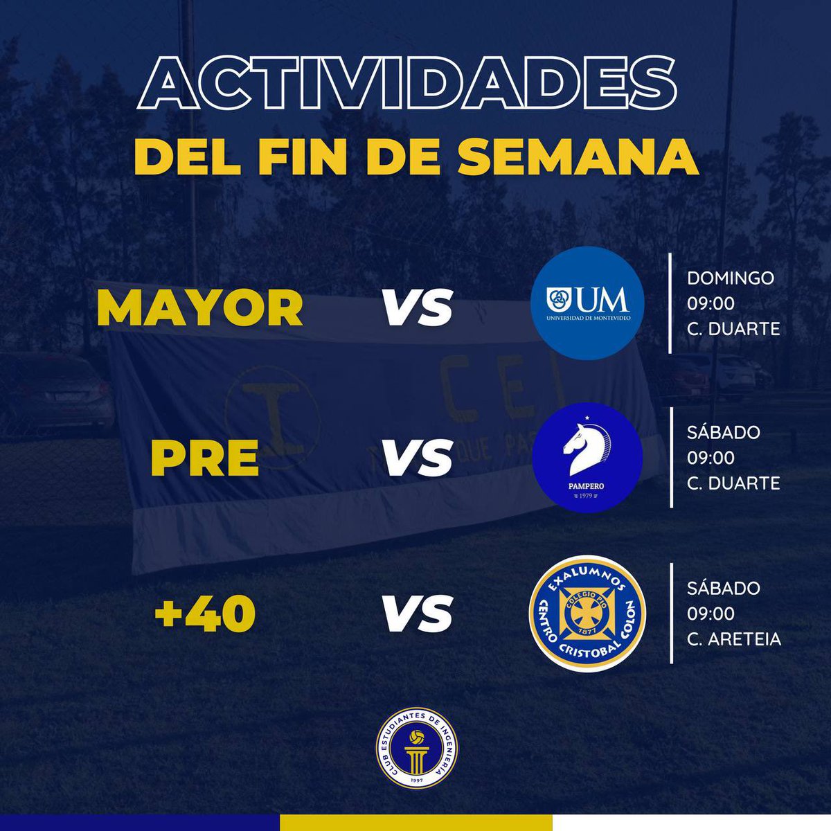 🔵🟡⚪️🔵🟡⚪️🔵🟡⚪️🔵🟡⚪️

⚽️Se viene un nuevo finde de <a href="/LUD_Oficial/">Liga Universitaria de Deportes</a> para nuestras 3 categorías, 2 de ellas con localía en Complejo Duarte.

🗓️El calendario con los detalles 👇🏼

#TiralaQuePasanCosas
#DaleCEI

🔵🟡⚪️🔵🟡⚪️🔵🟡⚪️🔵🟡⚪️