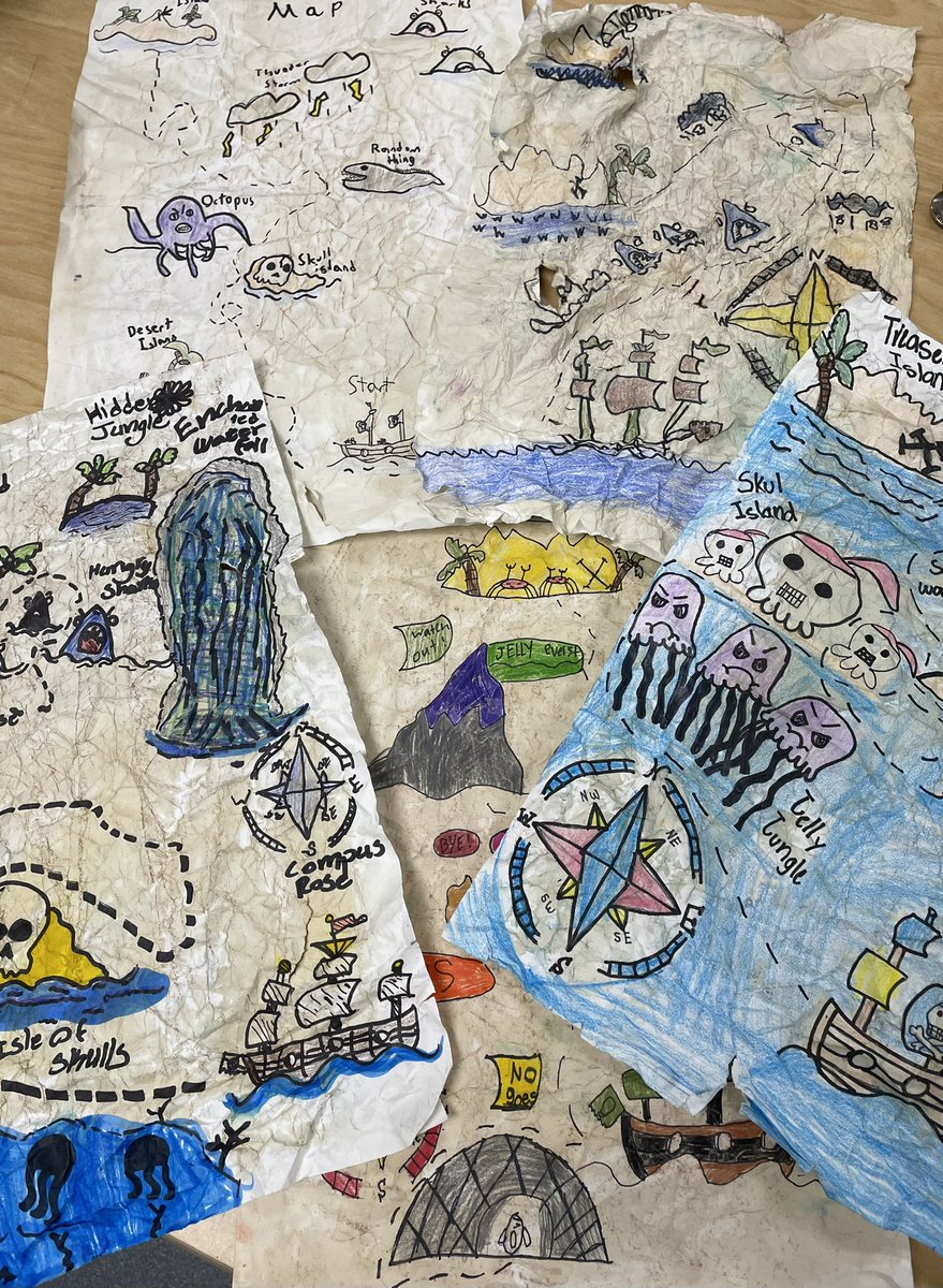 MarcumLA's tweet photo. Some treasure map adventures are going on in Miss Kelley’s 4th arrrrrrr-t class! Thanks @cassiestephens for the awesome video and inspiration! Students enjoyed crumbling their papers and staining it with tea and coffee! #ThriveInTheHive @meshornets @cmrilling https://t.co/3ehoKLT48O