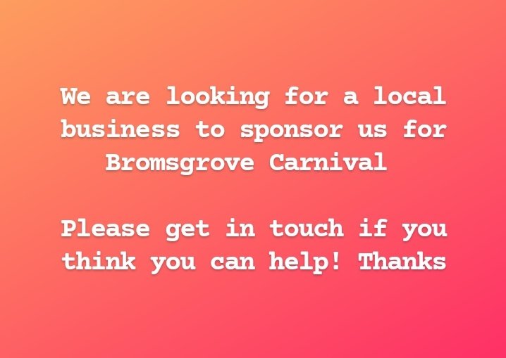 The Hub Bromsgrove are looking for a local business to sponsor us for the carnival this year. Please share to any local business who would like to support youth services 😁😁 #Bromsgrove #thehubbromsgrove #bromsgrovecarnival #youthwork