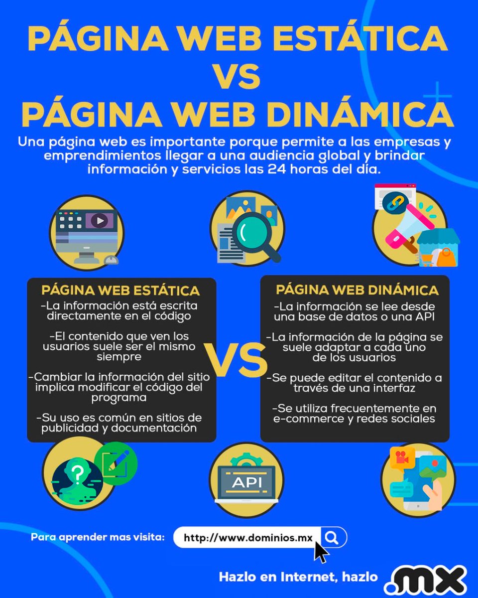 MXdominios's tweet image. Conoce cuáles son las diferencias ente una página web y una página web estática y analiza cuál es la que mejor se adapta a tus necesidades 👨‍💻🌐✅

Recuerda que siempre puedes distinguirla con un dominios.mx 😉

#dominios #dominioweb #dominiosweb #dominiosmx #mx