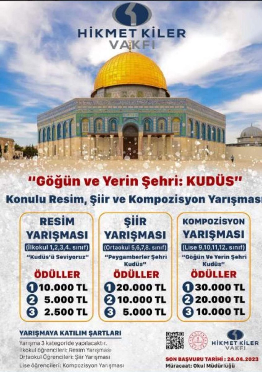 Hikmet Kiler Vakfı tarafından Bitlis geneli düzenlenen "Göğün ve Yerin Şehri Kudüs" konulu yarışmada Okulumuz öğrencisi Ramazan COŞKUN,  resim dalında 1. olmuştur. Öğrencimizi kutluyor başarılarının devamını diliyoruz. <a href="/batuhan__bingol/">Batuhan Bingöl</a> <a href="/Korkmazemin49/">Mehmet Emin KORKMAZ</a>  <a href="/Ozdenmutluk49/">mutluk özden49</a>