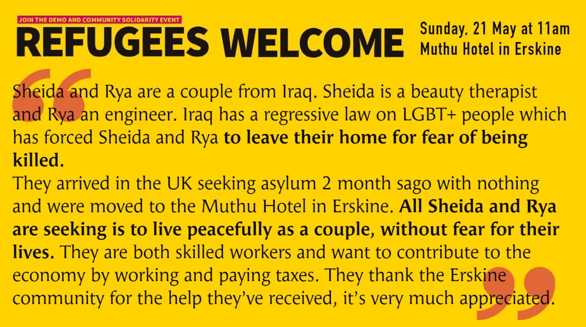 Join us in a display of solidarity at our upcoming anti-racism event this Sunday, 12 May at 11 am outside the Muthu Hotel. Let's show support for Sheida and Rya and other refugees in Erskine who have fled persecution