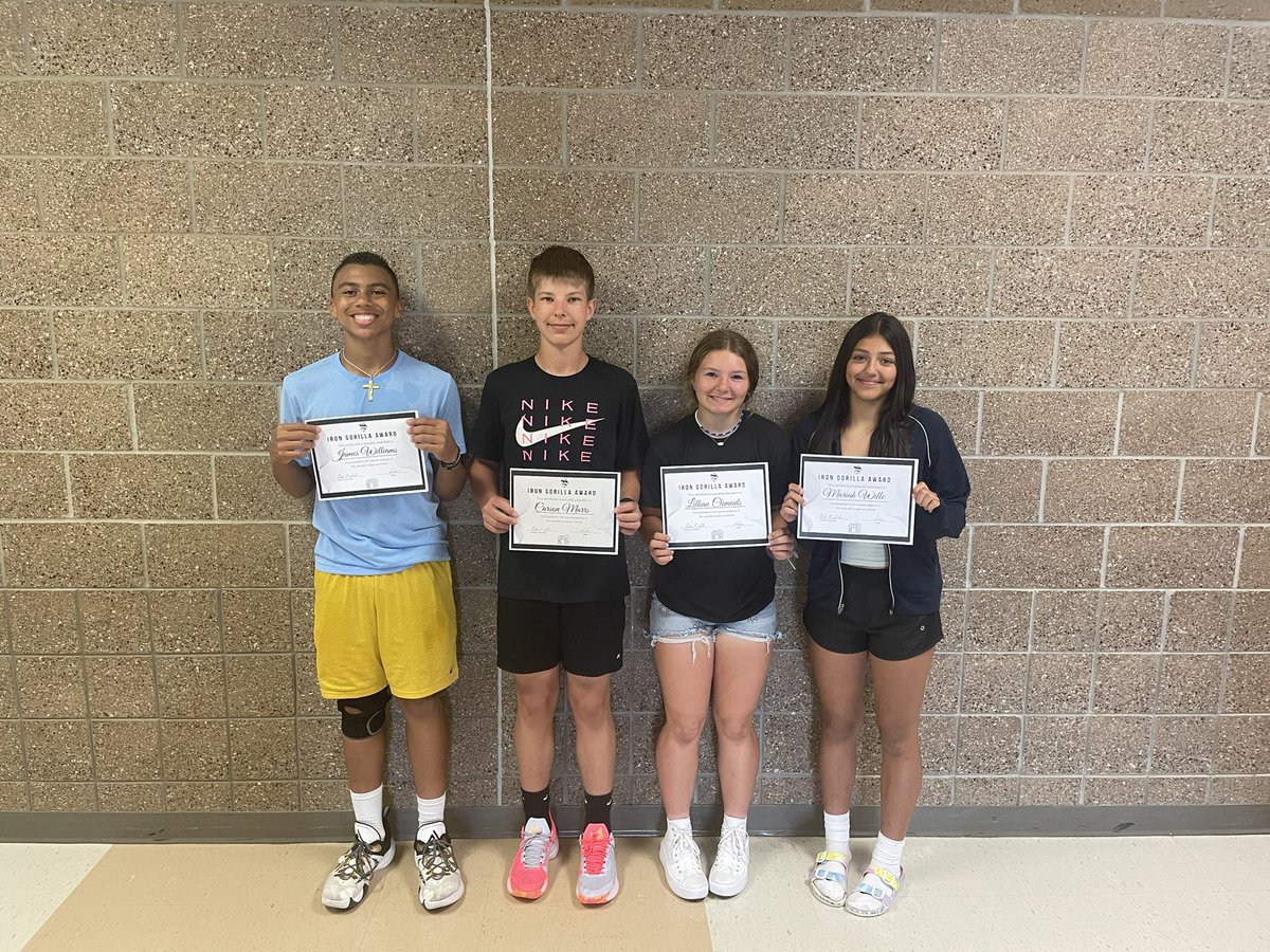 2023 Iron Gorilla recipients.

These 4 student athletes competed in 4 sports as 7th and 8th graders.

James Williams 
Carson Marrs
Lilly Clements
Mariah Willie