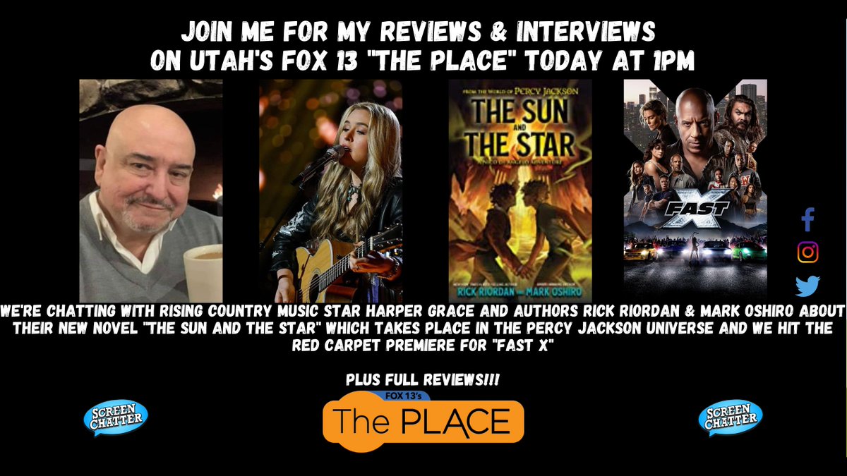 Join me LIVE today at 1PM on #Fox13's #ThePlace as we chat with country star #HarperGrace, authors #RickRiordan & #MarkOshiro and hit the red carpet premiere of #FastX 
#ScreenChatter #VinDiesel #CharlizeTheron #HelenMirren