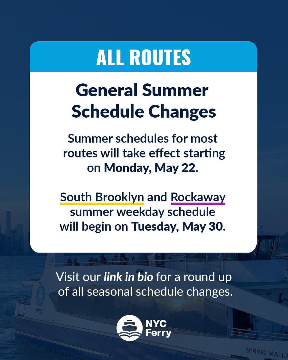 DatacenterIndu's tweet photo. nycgov: RT @NYCferry: ICYMI: Summer seasonal schedule changes are coming starting Monday, May 22 ⚠️

Visit our blog to learn more about the changes and plan your future trips: https://t.co/vtDly5FcbK ⛴️ https://t.co/sEcKnfifvy