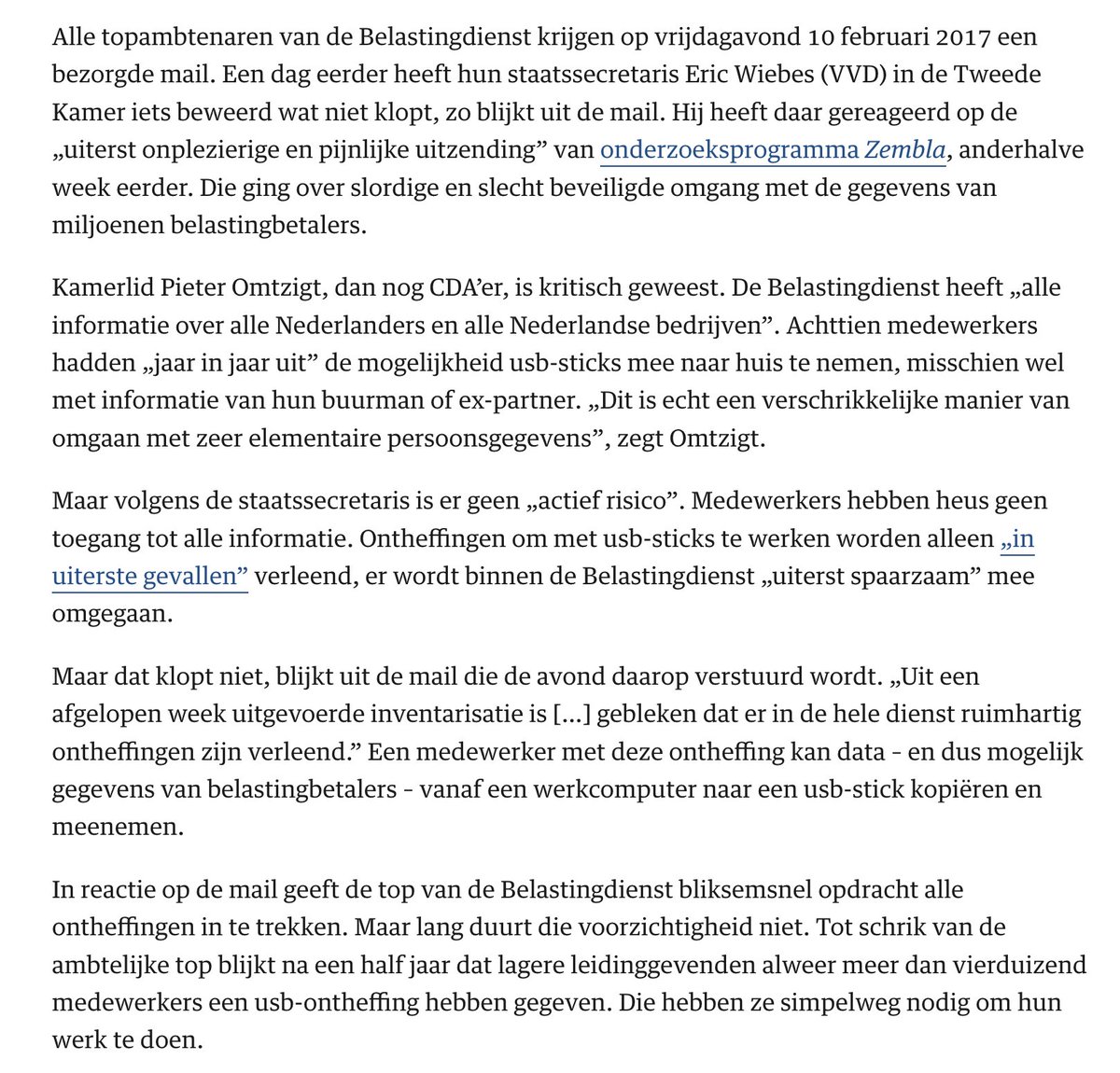 PieterOmtzigt's tweet photo. Dit stuk in NRC is verbijsterend: duizenden ambtenaren konden dus de gegevens van belastingplichtigen met een USB stick downloaden (zonder logging)

En om Kamervragen (meerdere malen): nee hoor, kan niet en is stopgezet

Regering zal spontaan opheldering moeten geven. 
(1)

https://t.co/Z4WtTll8kC