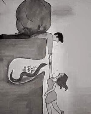 ImtiazMadmood's tweet photo. The man doesn't know that there is a snake underneath.

The woman doesn't know that there is a stone crushing the man.

The woman thinks: “I am going to fall and I can't climb because the snake is going to bite me! Why can't the man use a little more strength and pull me up!"

The man thinks: “I am in so much pain! Yet I'm still pulling you as much as I can! why don't you try and climb a little harder?"

The moral is: You can't see the pressure the other person is under, and the other person can't see the pain that you're in.

This is life, no matter whether it's with work, family, feelings, or friends we should try to understand each other.

Learn to think differently, perhaps more clearly, and communicate better.

A little thought and patience goes a long way.