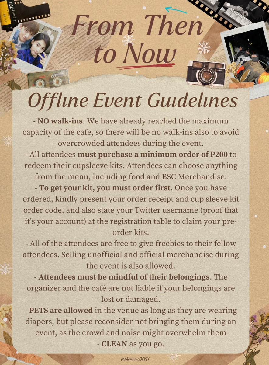 MemoirsOfYH's tweet photo. Pack your bags as we venture to the memory lane of Jeonghan and Joshua’s friendship 🎞️📷
One day to go before the cse! 🤎
Please be guided to the following guidelines and reminders for the Offline Event and directions on how to get to the place.
#aDecadeWithYH #MemoirsofYH https://t.co/AFxs4Xb2zK