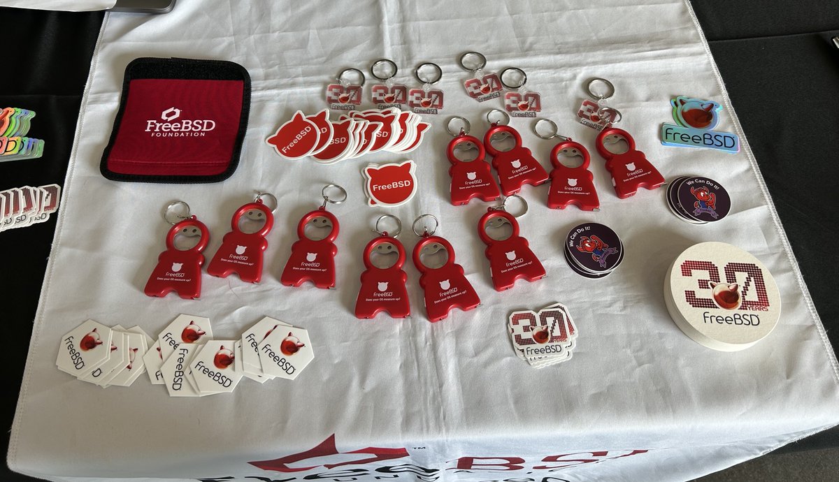 freebsdfndation's tweet image. If you're at #BSDCan, don't forget to stop by the Foundation table to pick up the latest #FreeBSD swag, including the happiest Multi-tool and 30th Anniversary t-shirts.
