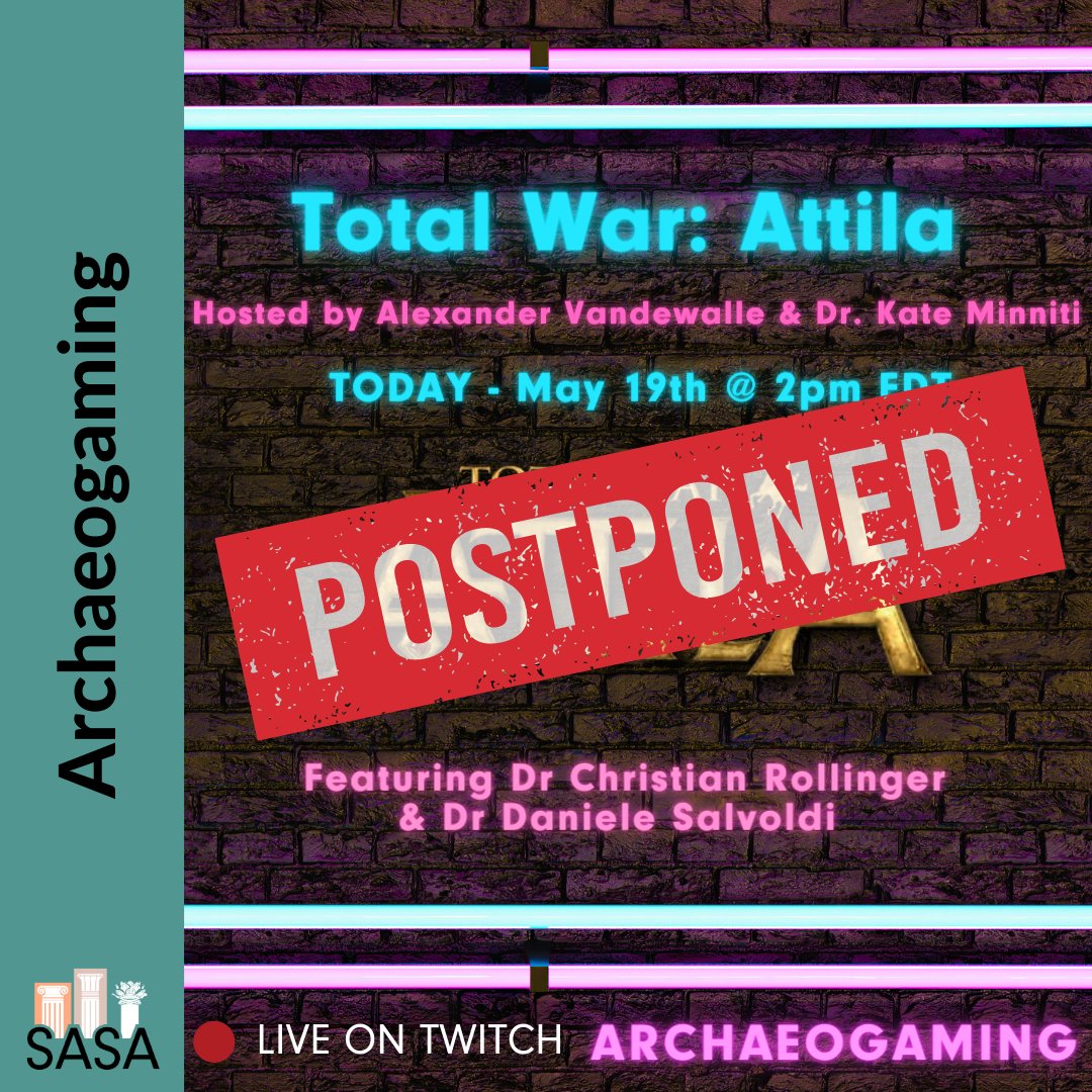 🚫***ARCHAEOGAMING STREAM WAS POSTPONED. CHECK BACK LATER FOR RESCHEDULED DATES***🚫

#SASA #LiveStream #GameStudies #ClassicalReception #ClassicsTwitter #VideoGame #Games #Inspiration #Gamer #WatchThisSpace #Gaming #Streaming #DigitalHumanities #FollowUs #TotalWar #Attila