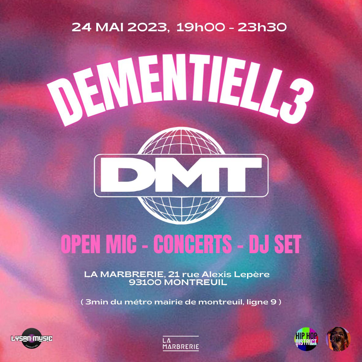 DMT_lab_studio's tweet photo. Pour bien commencer l’été, l’équipe de DMT et @La_Marbrerie  vous invite à célébrer la troisième édition de « La Démentielle ».
Cette année, focus sur la musique ! 👀💎 https://t.co/tefGh8TGdc