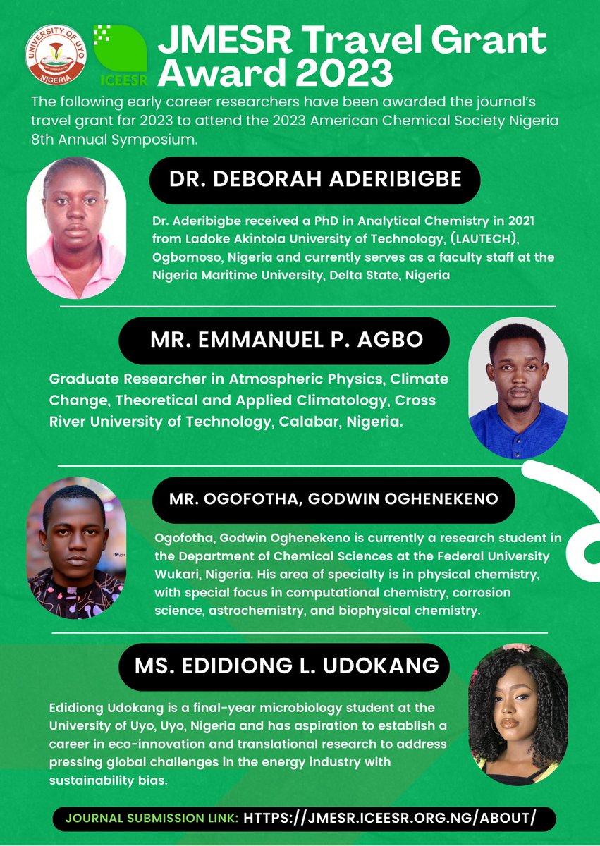 ICEESR's tweet photo. Congratulations to the Early Career Researchers who distinguished themselves in the just concluded selection process and won the JMESR TRAVEL GRANT AWARD to attend the 2023 American Chemical Society Nigeria 8th Annual Symposium.

Congratulations.

#career #nigeria #research https://t.co/4M3GXrhL8y
