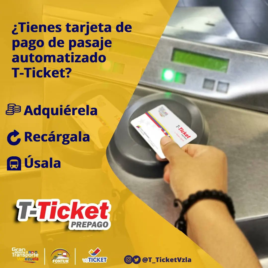 Paga tu pasaje de manera rápida con T-Ticket. Puedes adquirir la tarjeta y recargarla en nuestros puntos de ventas #PasajeDigital

¡Rumbo al Bolívar Digital! 
#1x10ContactoConElPueblo