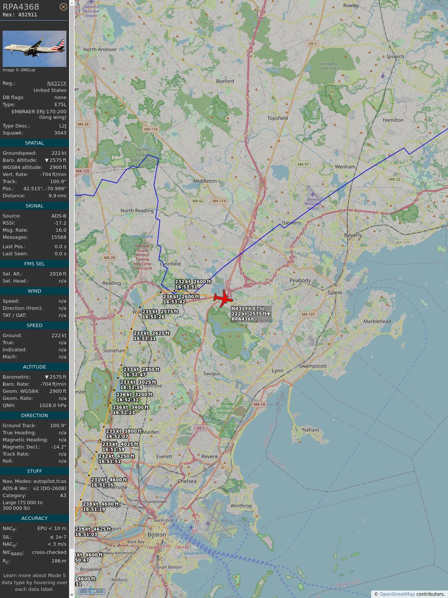 ICAO: #A52911 Flt: #RPA4368 #RepublicAirlines #JFK-#BOS First seen: 2023/05/19 12:51:31 Min Alt: 4550 ft MSL Min Dist: 1.99 nm #planefence #adsb - planefence.com globe.adsbexchange.com/?icao=a52911