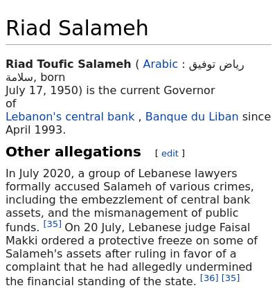 WikiControversy's tweet photo. Riad Salameh - Other allegations

In July 2020, a group of Lebanese lawyers formally accused Salameh of various crimes, including the embezzlement of central bank assets, and the mismanagement of public funds https://t.co/qEjIxAs2OX
