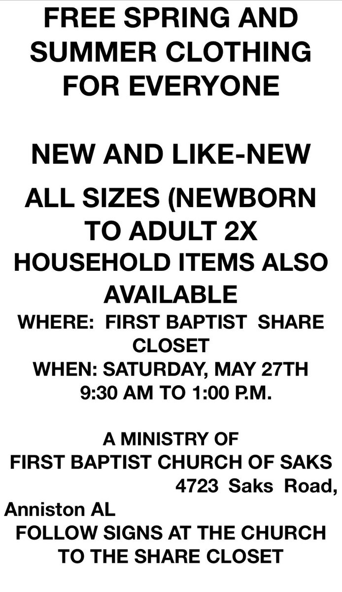Saks Community:  Please see this announcement from the First Baptist Church of Saks