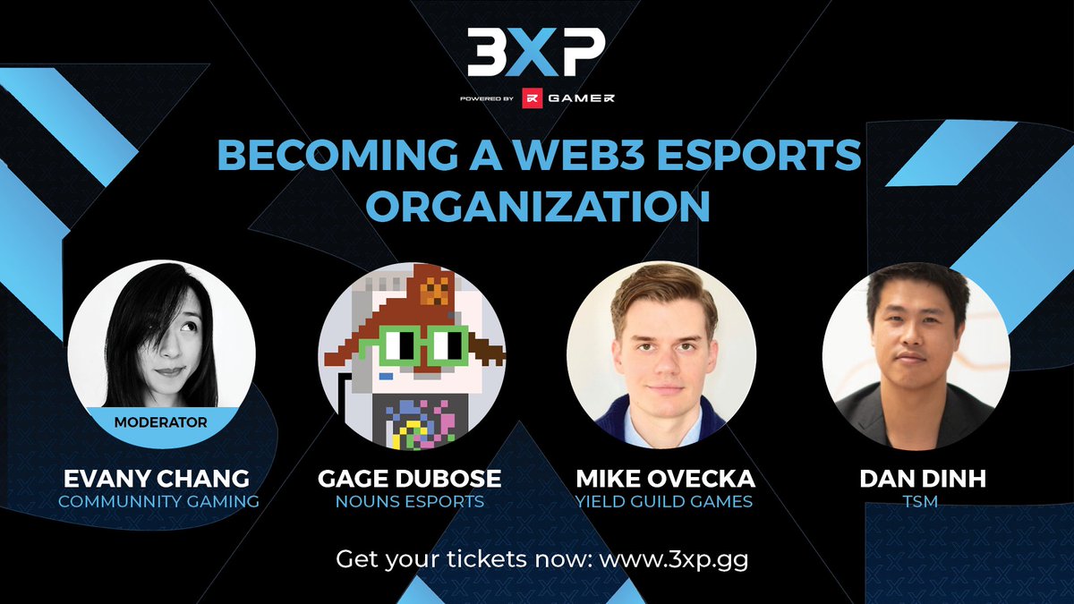 📣 <a href="/3XPgg/">3XP</a> Panel Announcement

Becoming a Web3 Esports Organization

🎙️Moderator: Evany Chang (<a href="/the_evany/">Evany Chang</a>) of <a href="/CommunityGaming/">Community Gaming</a>

🎤Gage Dubose (<a href="/PartSasquatch/">Sasquatch ⌐◨-◨</a>) of <a href="/nounsesports/">NounsEsports</a>
🎤Mike Ovecka (<a href="/MikeOvecka/">Mike | YGG</a>) of <a href="/YieldGuild/">Yield Guild Games</a>
🎤Dan Dinh (<a href="/TSMDan/">TSM DanDinh</a>) of <a href="/TSM/">TSM</a>