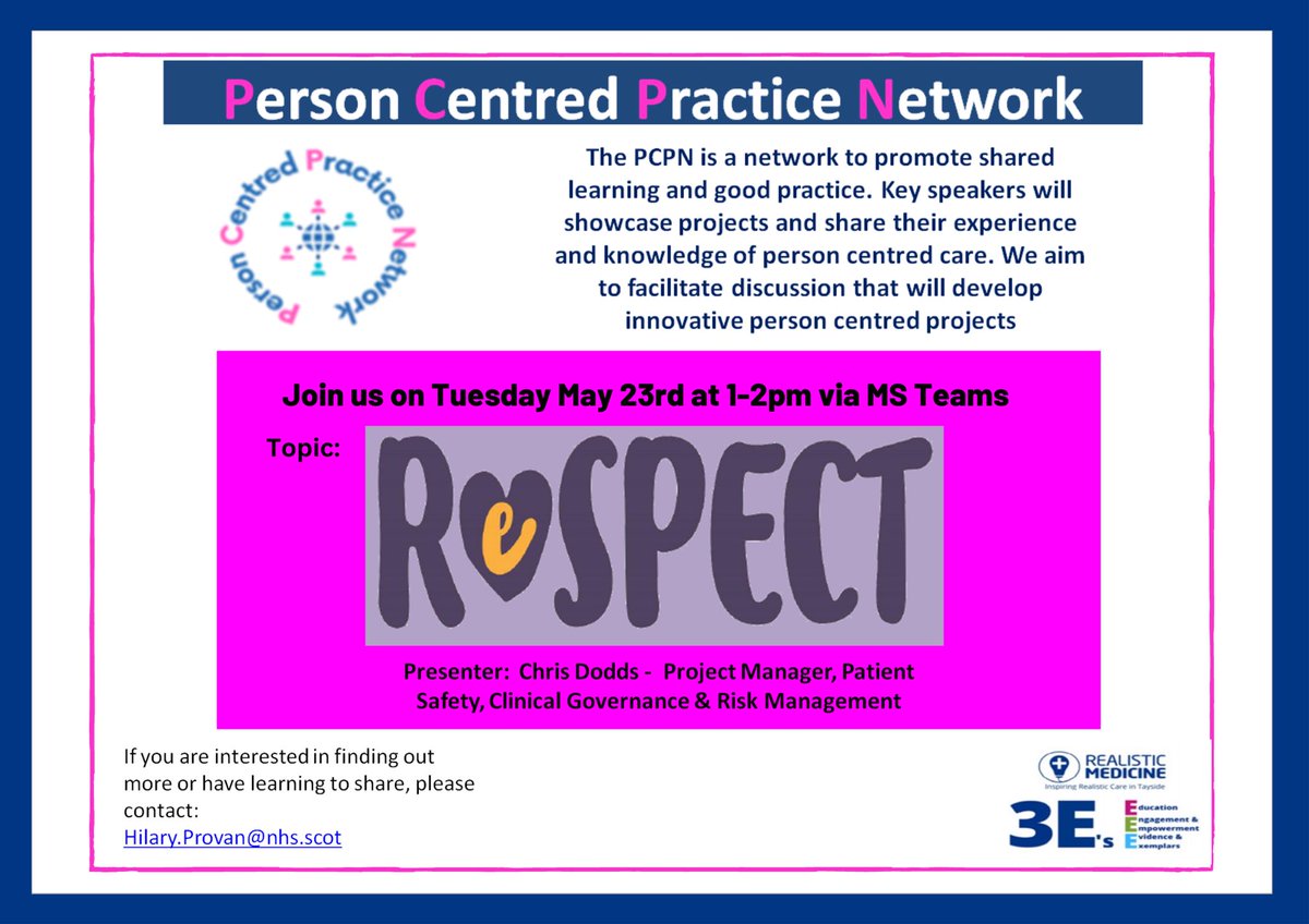 A reminder that our next Person Centred Practice Network meeting is Tuesday 23rd May at 1-2pm via MS Teams.. The topic is ReSPECT with presenter Chris Dodds. To join, please contact Hilary on the details below or message the page 🩵 

*Available to NHS Tayside &amp; HSCP colleagues.