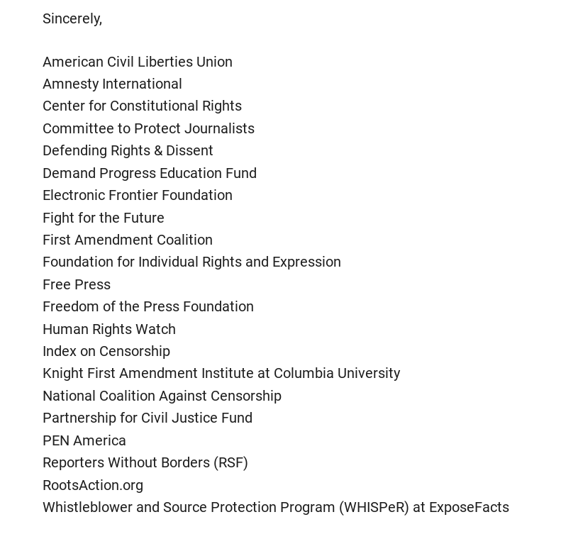 21 Free Speech and Human Rights groups including Amnesty, ACLU and PEN urge Biden Admin to 'protect democratic values and human rights norms, including freedom of the press, by abandoning this relentless pursuit of Julian Assange' [Dec 2022] cpj.org/2022/12/cpj-pa…