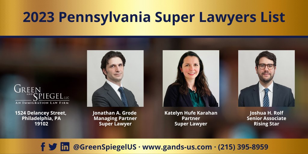 Three #GreenSpiegelUS Attorneys have been selected for 2023 #PennsylvaniaSuperLawyers! Both Jonathan Grode and Katelyn Hufe Karahan “Super Lawyers” while <a href="/imjhr/">Joshua H. Rolf</a>  has been selected as a #RisingStar for immigration law by #SuperLawyersMagazine. Learn more: bit.ly/42RJXIV