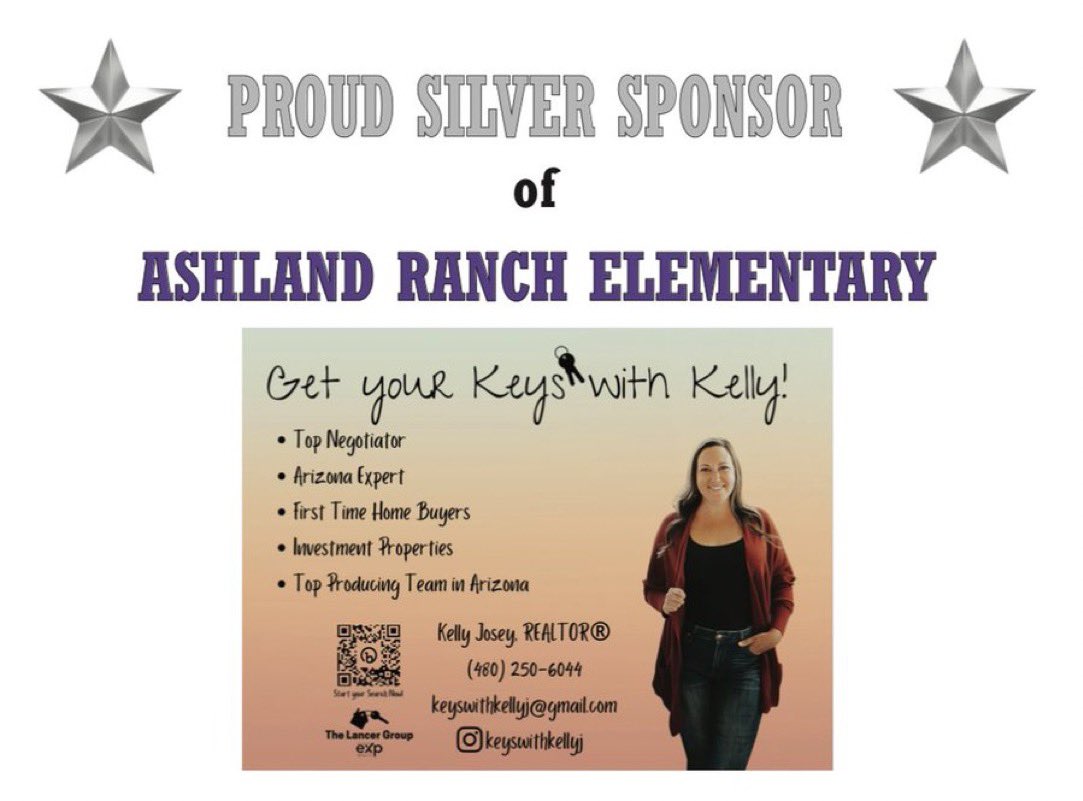 Thank you to our Proud Silver Level Sponsor, •Kelly Josey• Realtor with The Lancer Group @ exp. Ashland Ranch is grateful to have you as a sponsor. Email keyswithkellyj@gmail.com or call 480.250.6044 if you’re in need of any realtor services. Scan QR code for a home search. 🏠