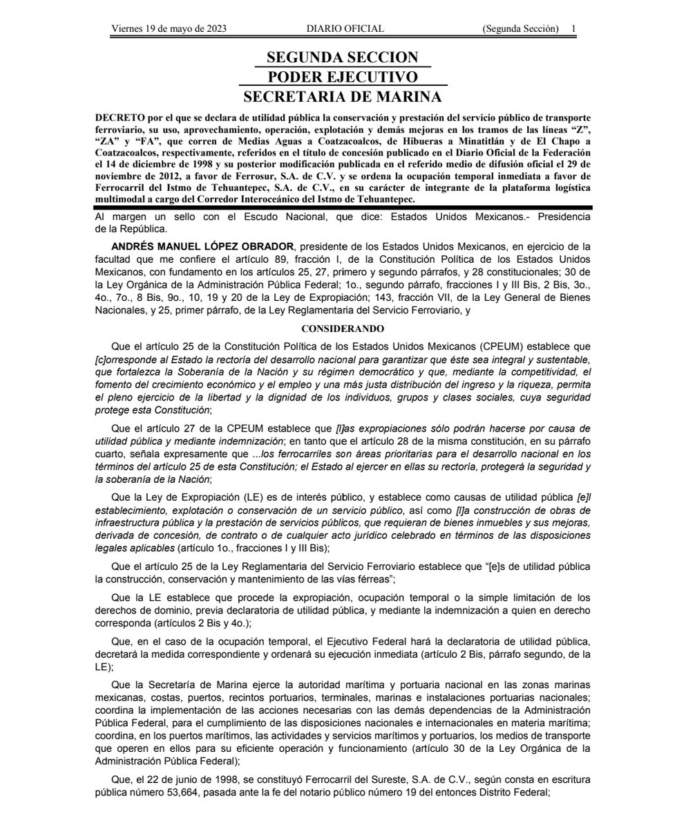 AliciaSalgadoMX's tweet image. ⚡️La Secretaría Marina tomó el control de #Ferrosur tras el decreto publicado hoy donde se declara de utilidad pública algunos tramos de Veracruz.
📍Decreto ⬇️
acrobat.adobe.com/link/review?ur…